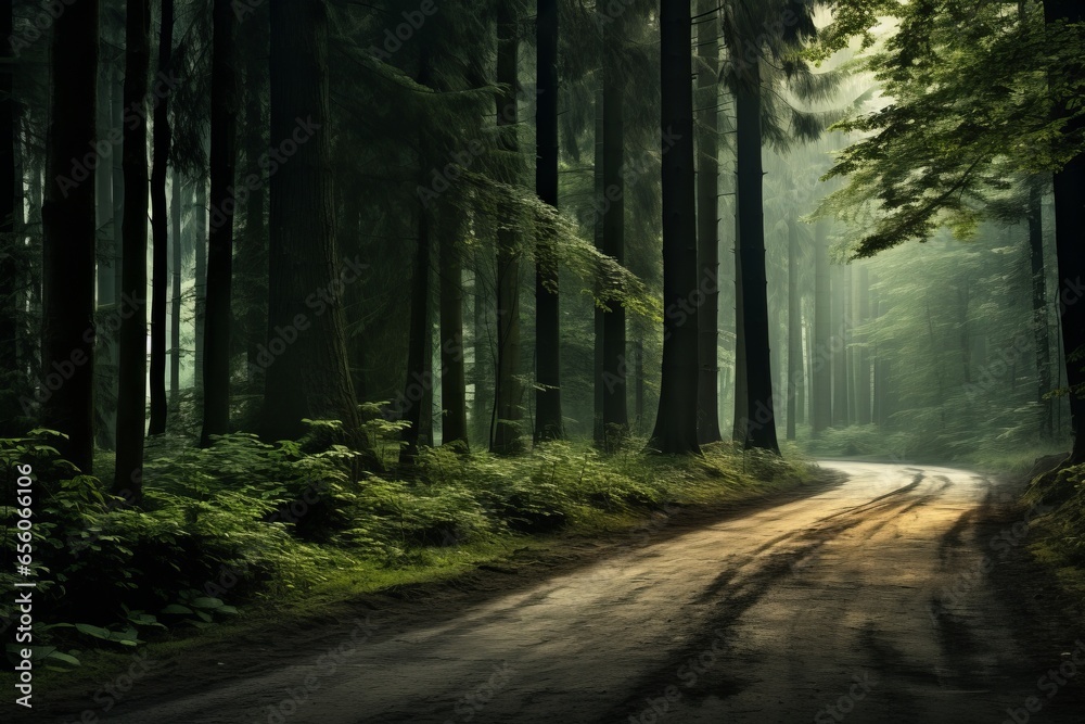 Fototapeta premium Forest road with tranquil calm atmosphere Generative Ai