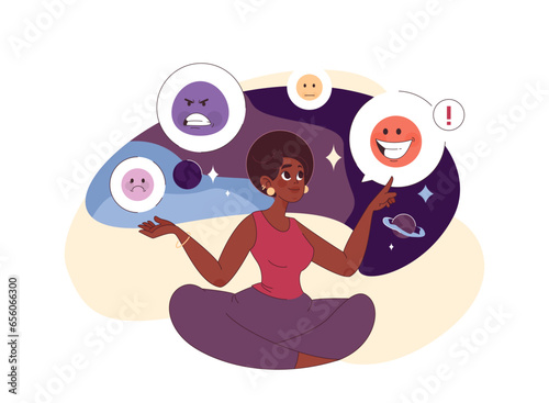 Emotional self-regulation. Young black woman aware of her emotions
