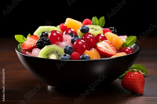 healthy fruit salad in a black bowl with many different fruits Generative Ai