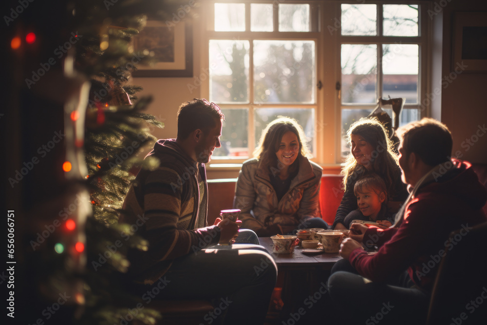 Family together at christmas is a festive indoor scene with open fire children and parents enjoying the holidays Family together at christmas is a festive indoor scene with open fire children and parents enjoying the holidays