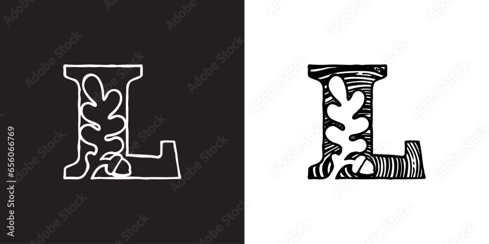 L letter logo with oak leaf and acorn. Tree cross-section. Natural wood texture, ring pattern. Trunk saw cut. Negative space emblem. Vector icon for eco identity, university coat of arms, vintage adv. L letter logo with oak leaf and acorn. Tree cross-section. Natural wood texture, ring pattern. Trunk saw cut. Negative space emblem. Vector icon for eco identity, university coat of arms, vintage adv.
