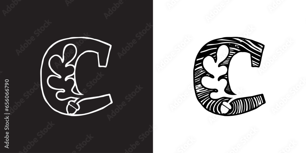 C letter logo with oak leaf and acorn. Tree cross-section. Natural wood texture, ring pattern. Trunk saw cut. Negative space emblem. Vector icon for eco identity, university coat of arms, vintage adv.