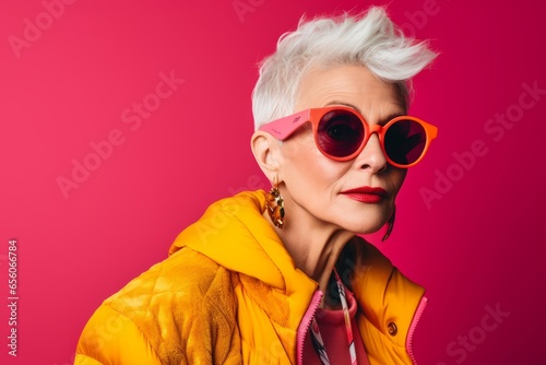 stylish senior woman in sunglasses and yellow jacket looking away isolated on pink © Iigo