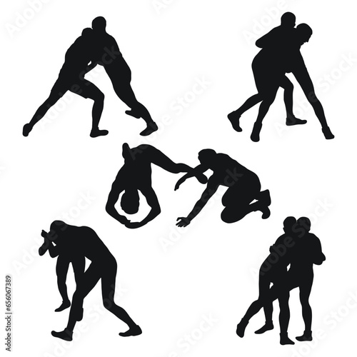 Set of silhouettes people fighting, MMA fighters. Greco Roman wrestling, fight, combating; struggle; grappling; duel, mixed martial art, sportsmanship