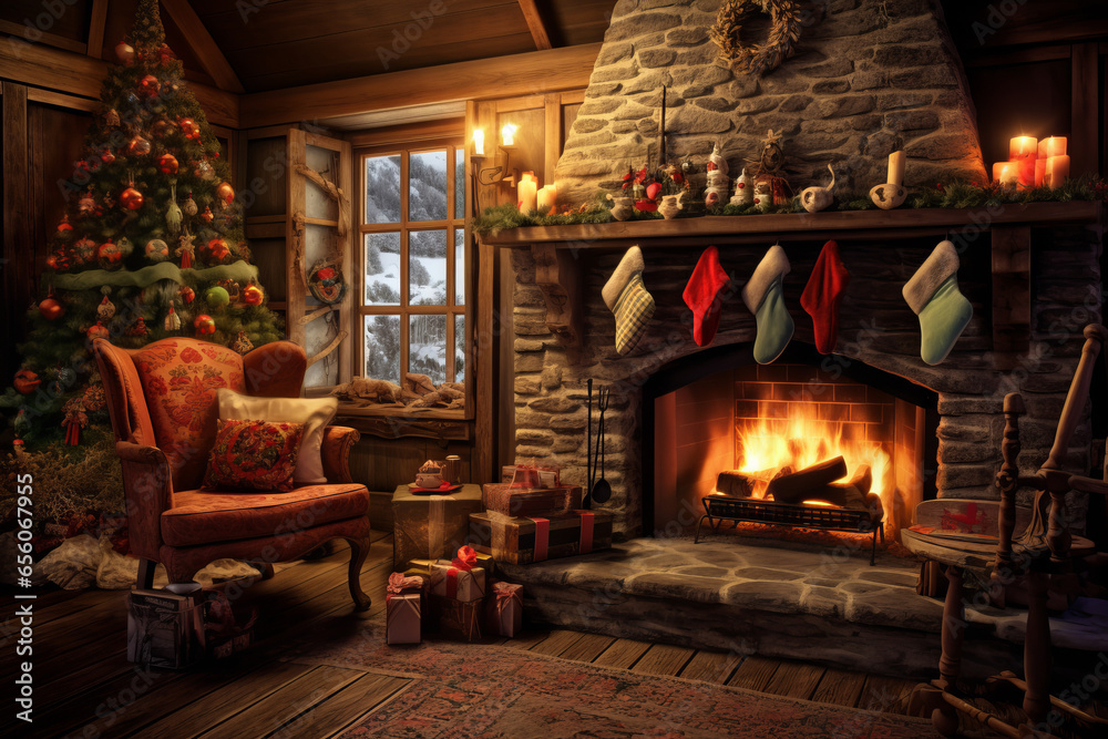 Cozy christmas scene with decorations, a warming fireplace and a christmas tree, Happy christmas, full of seasons greetings - obrazy, fototapety, plakaty 