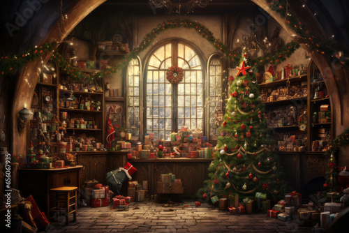 In Santa's North Pole workshop, cheerful elves create gifts for the magical Christmas night, bringing worldwide happiness.