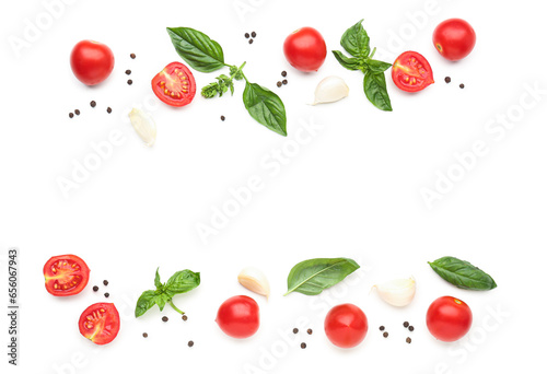 Fresh basil, cherry tomatoes and peppercorn on white background