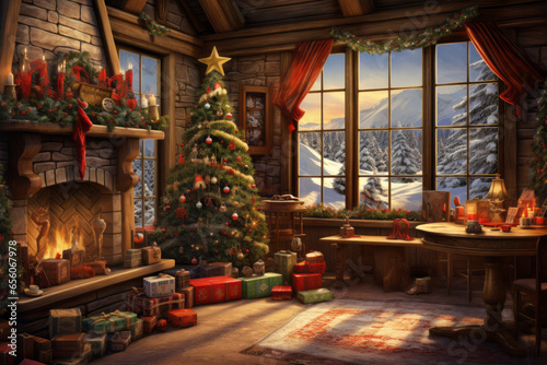 Cozy christmas scene with decorations  a warming fireplace and a christmas tree  Happy christmas  full of seasons greetings