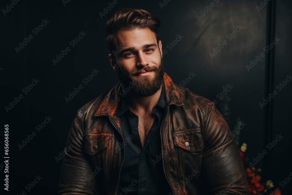 Portrait of a handsome young man in a leather jacket. Men's beauty, fashion.