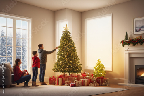 A family setting up a Christmas tree with festive ornaments