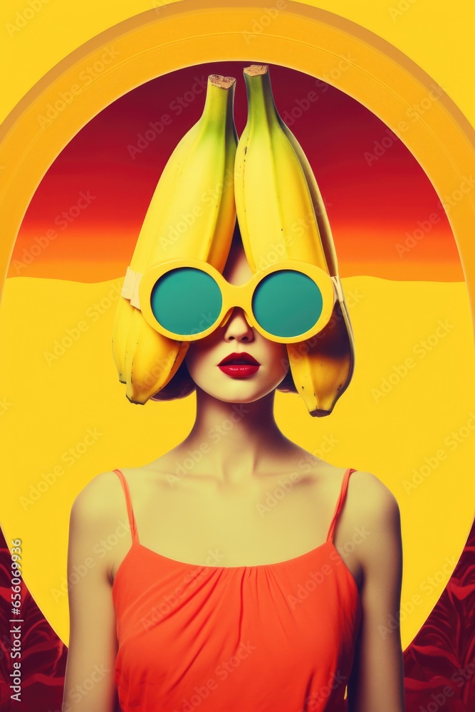 Obraz premium Going crazy for yellow banana fashion extravaganza, retro stylish woman with oversized sunglasses modelling everyone's favorite summer fruit with a ridiculously cool pop art like flair. 