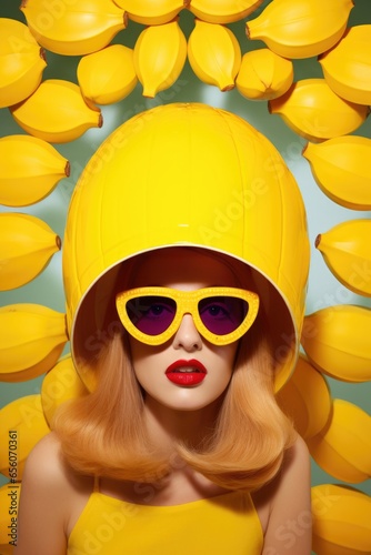 Going crazy for yellow banana fashion extravaganza, retro stylish woman with oversized sunglasses modelling everyone's favorite summer fruit with a ridiculously cool pop art like flair.      photo