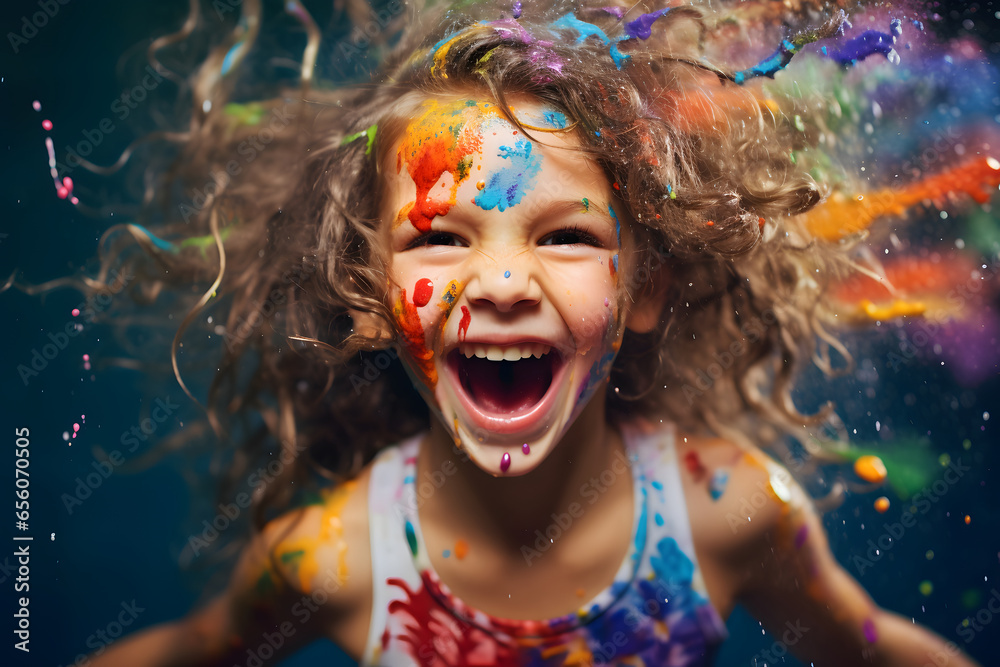 Fröhlich lachendes Kind mit Farbe bespritzt