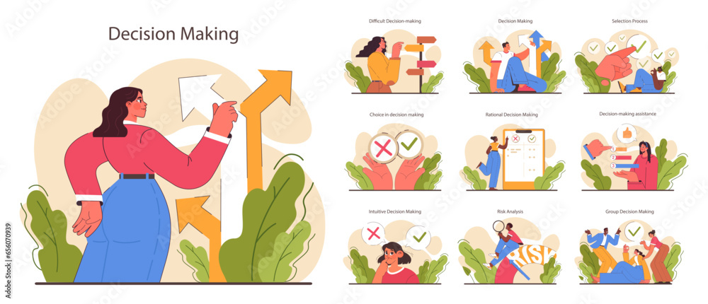 Fototapeta premium Decision-making set. Strategic thinking, brainstorming and solution research.
