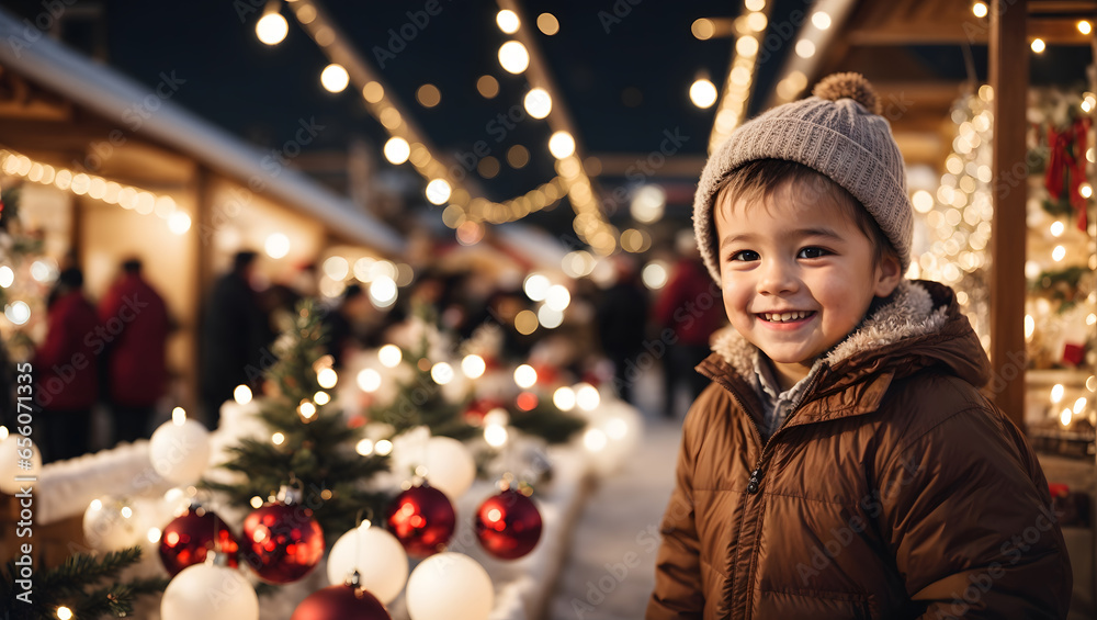 A smiling baby boy child at a Christmas market looking at christmas ornaments, christmas trees and lights, candles, white christmas snow happy holidays - obrazy, fototapety, plakaty 