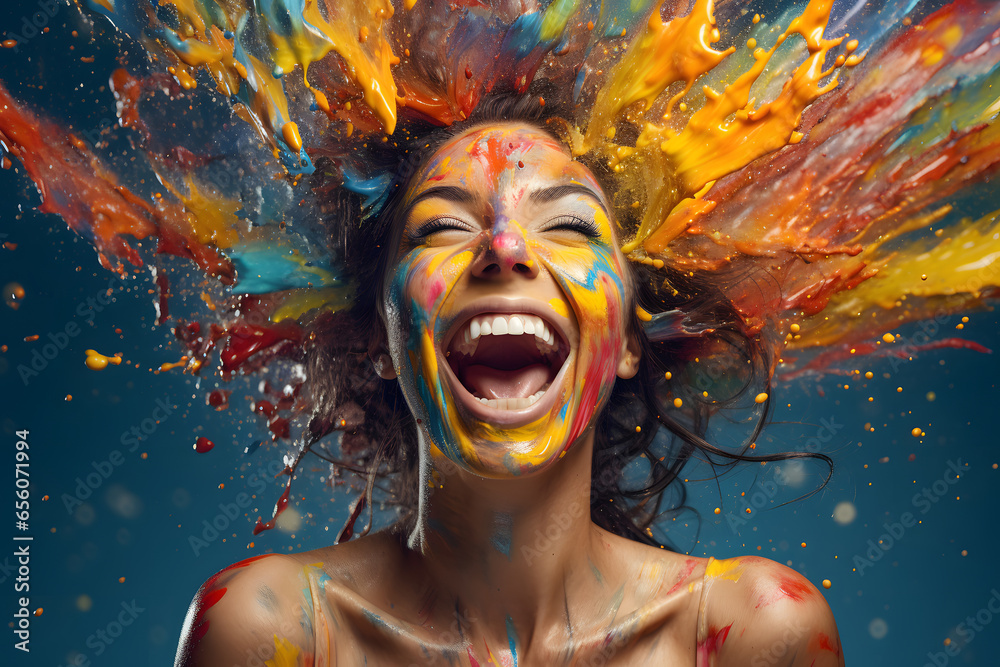 Fröhlich lachende Frau mit Farbe bestpritzt - obrazy, fototapety, plakaty 