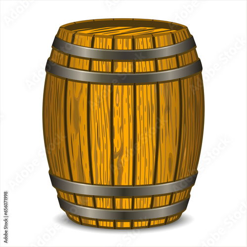 Alcohol barrel, wooden barrel with shadow. Barrel for wine, rum, beer or cognac. Wine barrel, drink container isolated on white background. Vector illustration