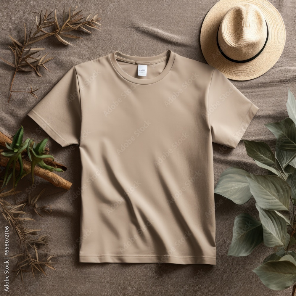 A hat and a t - shirt on a table. Generative AI. A hat and a t - shirt on a table. Generative AI.
