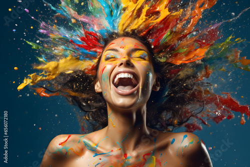 Fröhlich lachende Frau mit Farbe bestpritzt