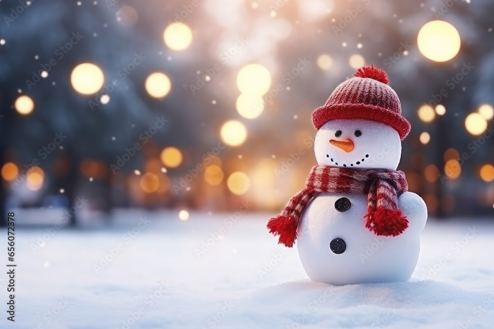 Christmas decoration with a cute cheerful snowman in the snow in a winter park with beautiful bokeh. \ Christmas decoration with a cute cheerful snowman in the snow in a winter park with beautiful bokeh. \