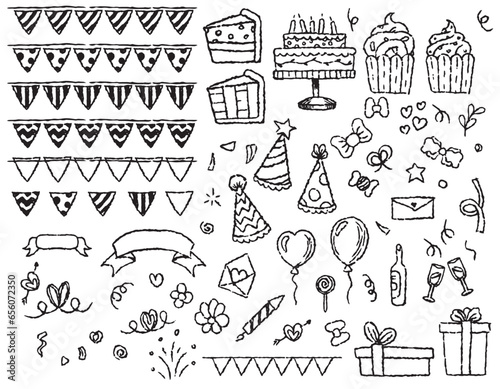 A set of accessories for birthdays and holidays, line on a transparent background, hand drawn. Tort, cupcake, festive hat, candy, bows, fireworks. Elements for packaging design and print