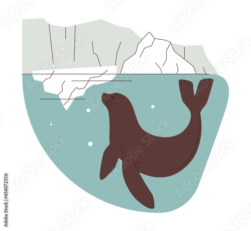 Global warming. Arctic seal in the water. Iceberg and glacier melt.