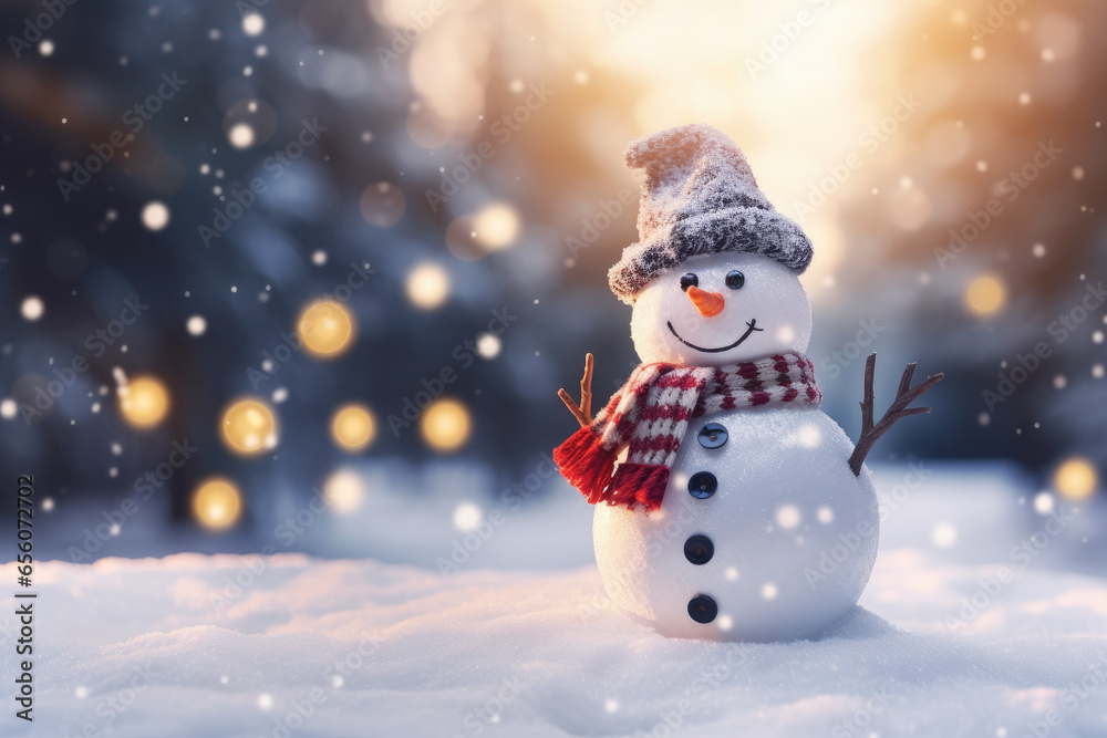 Christmas decoration with a cute cheerful snowman in the snow in a winter park with beautiful bokeh. \