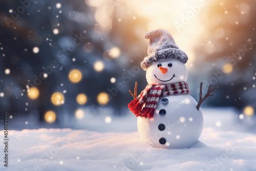 Christmas decoration with a cute cheerful snowman in the snow in a winter park with beautiful bokeh. \ © Prime Lens