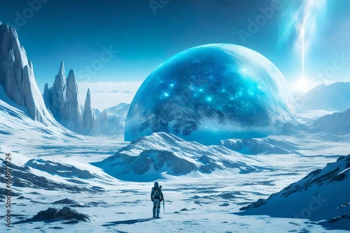 A new world with an icy landscape, fantastic creatures and a spacecraft in the sky, space, starts, science fiction - AI Generative © Being Imaginative