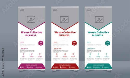 Colorful Stylish Creative Corporate Roll Up Banner Signage Standee Template for Advertising and Multipurpose Use with Three Color Variations.