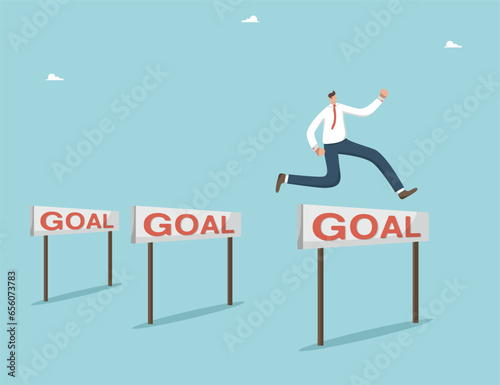 Overcoming obstacles to achieve goals, completing assigned tasks and achieving great success, strategy or plan to defeat competitor, high results in work, man jumps over obstacles and achieves target.