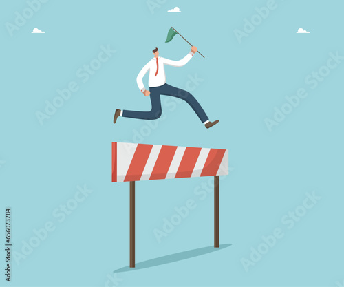 Exit of difficult situation and overcoming difficulties, creativity in creating the right strategy for achieving goals, great success and effectiveness in completing tasks, man jumps over an obstacle.
