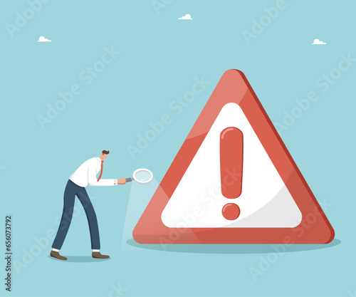 Methods and possibilities for solving difficult situation or problem, technical support, analysis and prevention of any unforeseen circumstances, man with magnifying glass walks near road danger sign.