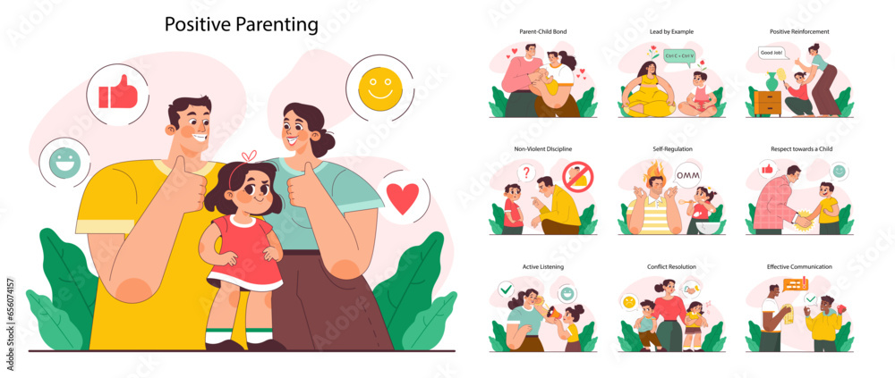 Positive parenting set. Fostering advice. Formation of little child