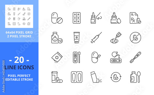 Line icons about medication. Pixel perfect 64x64 and editable stroke