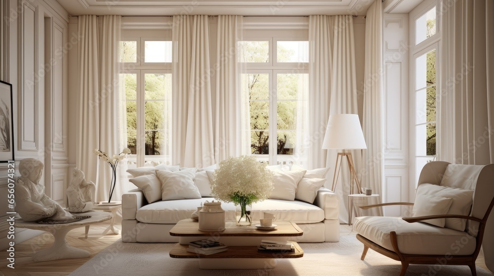 A cozy living room with elegant white curtains. A cozy living room with elegant white curtains.