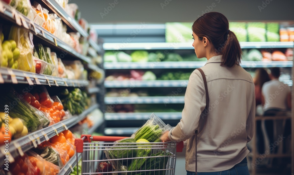 A woman is pushing a shopping cart filled with groceries through the brightly lit aisles of a grocery store.