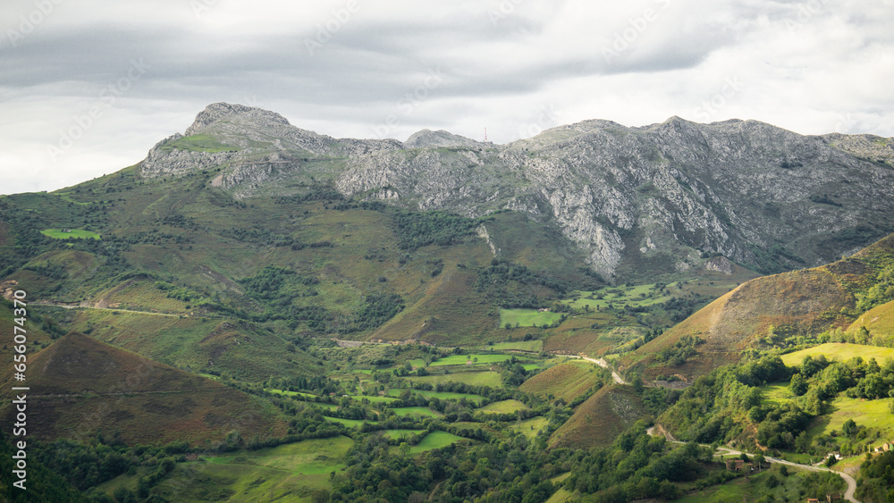Mountain panorama on a cloudy day in Asturias, Spain