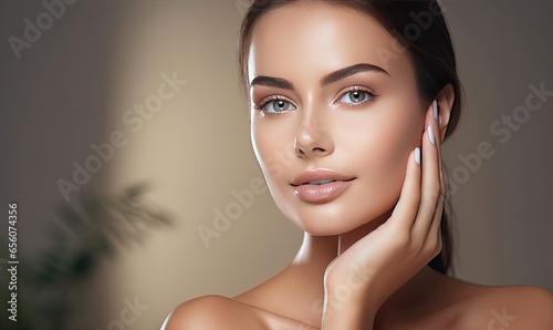A woman with flawless and radiant skin is gently touching her face.