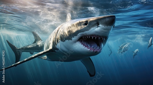 An image of a majestic great white shark gliding through the clear waters of the ocean. © kept