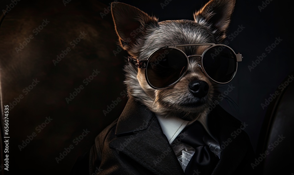 Image of a dog wearing dark sunglasses and a sleek suit. Image of a dog wearing dark sunglasses and a sleek suit.
