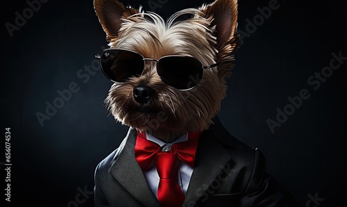 Image of a dog wearing dark sunglasses and a sleek suit.