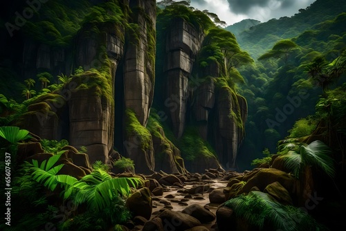 A rugged rock formation emerges dramatically from the heart of a vibrant jungle - AI Generative