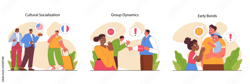 Socialization set. Communication skill development. People interacting, Socialization set. Communication skill development. People interacting,