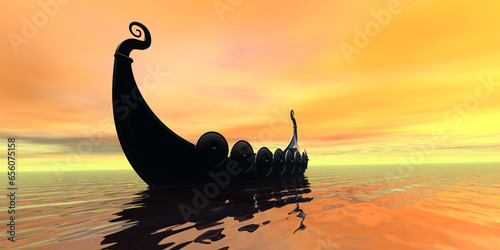 Viking Sunset - A Viking longboat rows to new shores for trading and adventure.