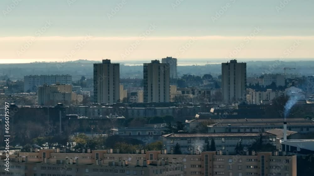 Aerial view showcasing Montpellier's urban landscape with towering high-rises Aerial view showcasing Montpellier's urban landscape with towering high-rises