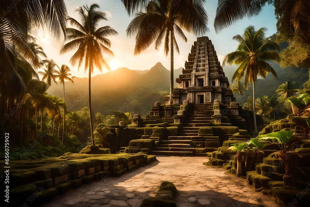 Obraz premium A tropical environment, a rainforest with black mountains in the far distance - AI Generative