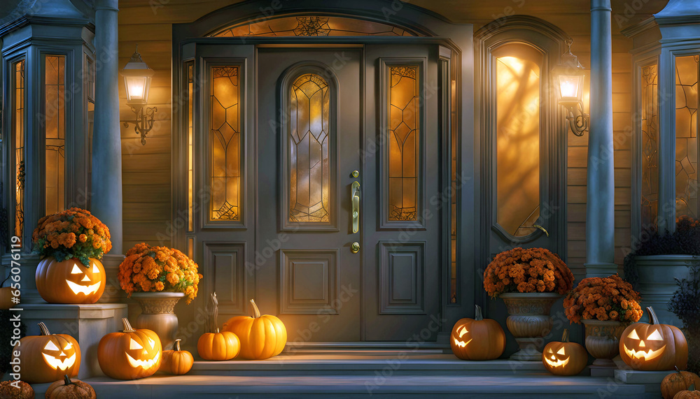 Obraz premium Halloween pumpkins near the entrance to the house for the holiday