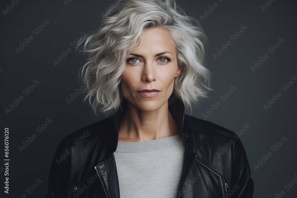 Portrait of beautiful blond woman in black leather jacket on grey background