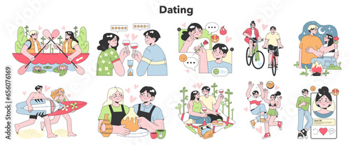 Dating set. Cute romantic couple communicating on a date